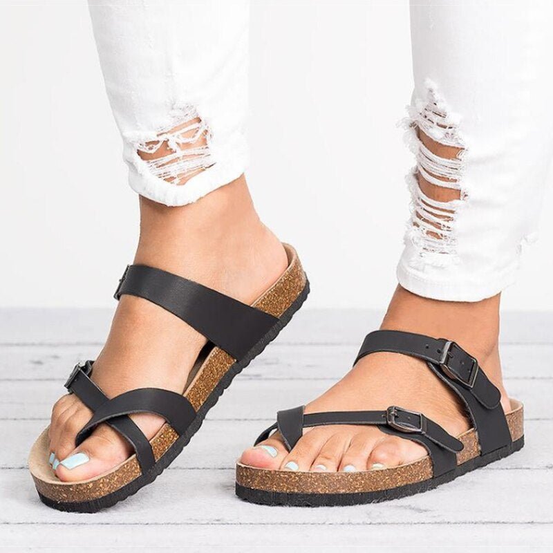 Women's Cork Sole Toe-Loop Buckle Flat Sandals - Schwarz