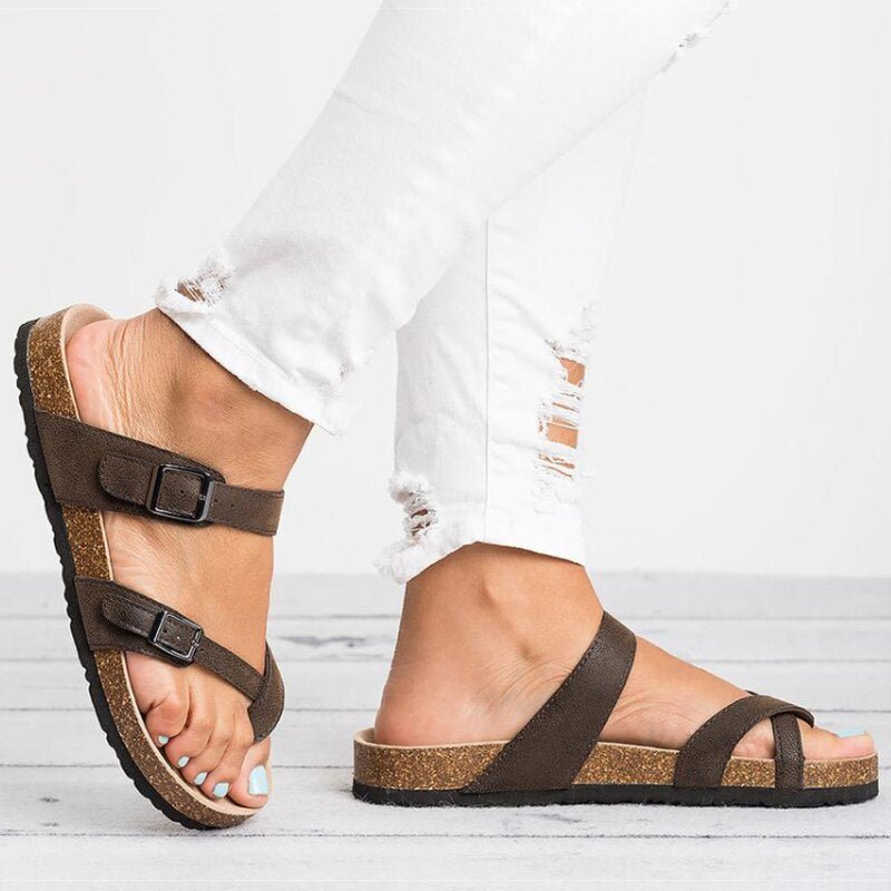 Women's Cork Sole Toe-Loop Buckle Flat Sandals
