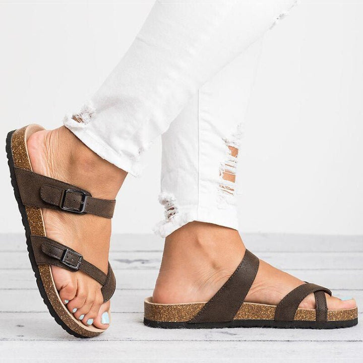 Women's Cork Sole Toe-Loop Buckle Flat Sandals