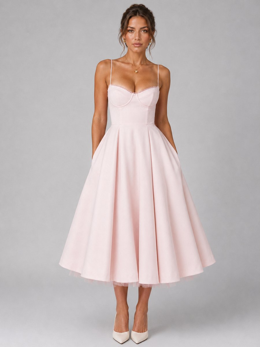 Women's Corset Sweetheart-Neck Full-Skirt Midi Dress - Pink