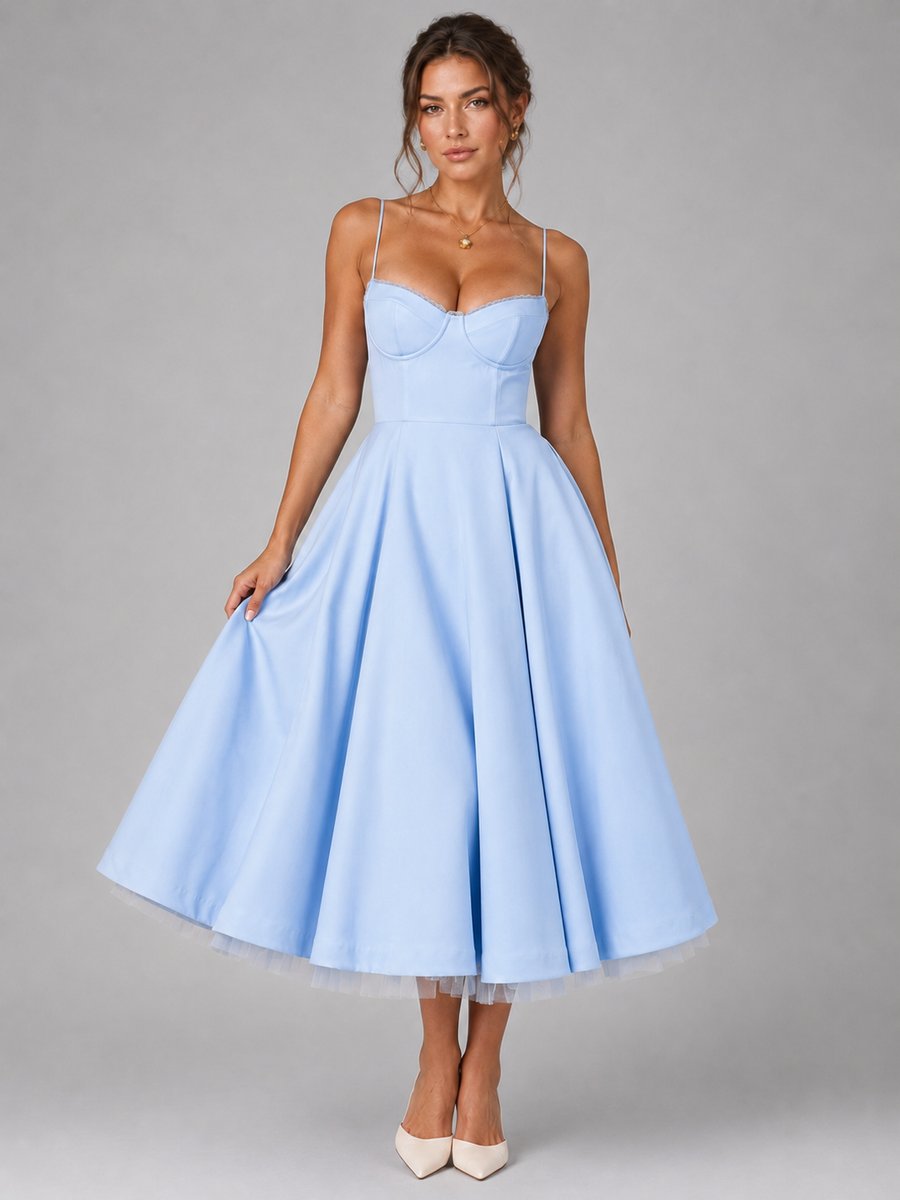 Women's Corset Sweetheart-Neck Full-Skirt Midi Dress - Light Blue