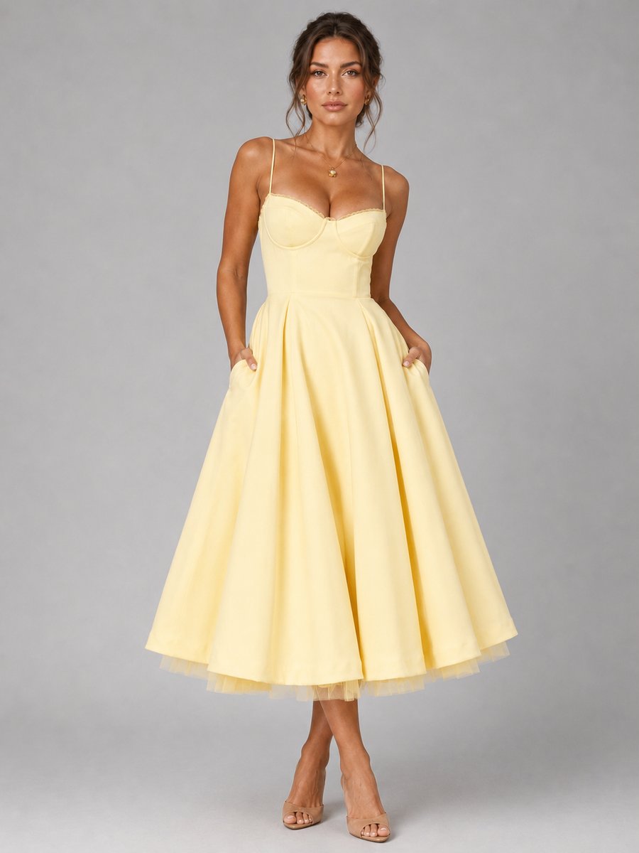 Women's Corset Sweetheart-Neck Full-Skirt Midi Dress - Yellow