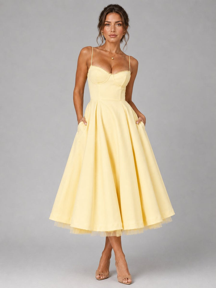 Women's Corset Sweetheart-Neck Full-Skirt Midi Dress - Yellow