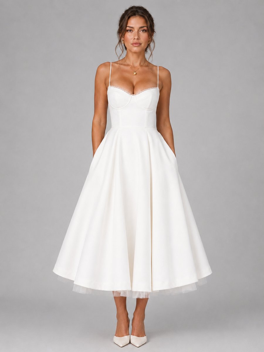 Women's Corset Sweetheart-Neck Full-Skirt Midi Dress - White