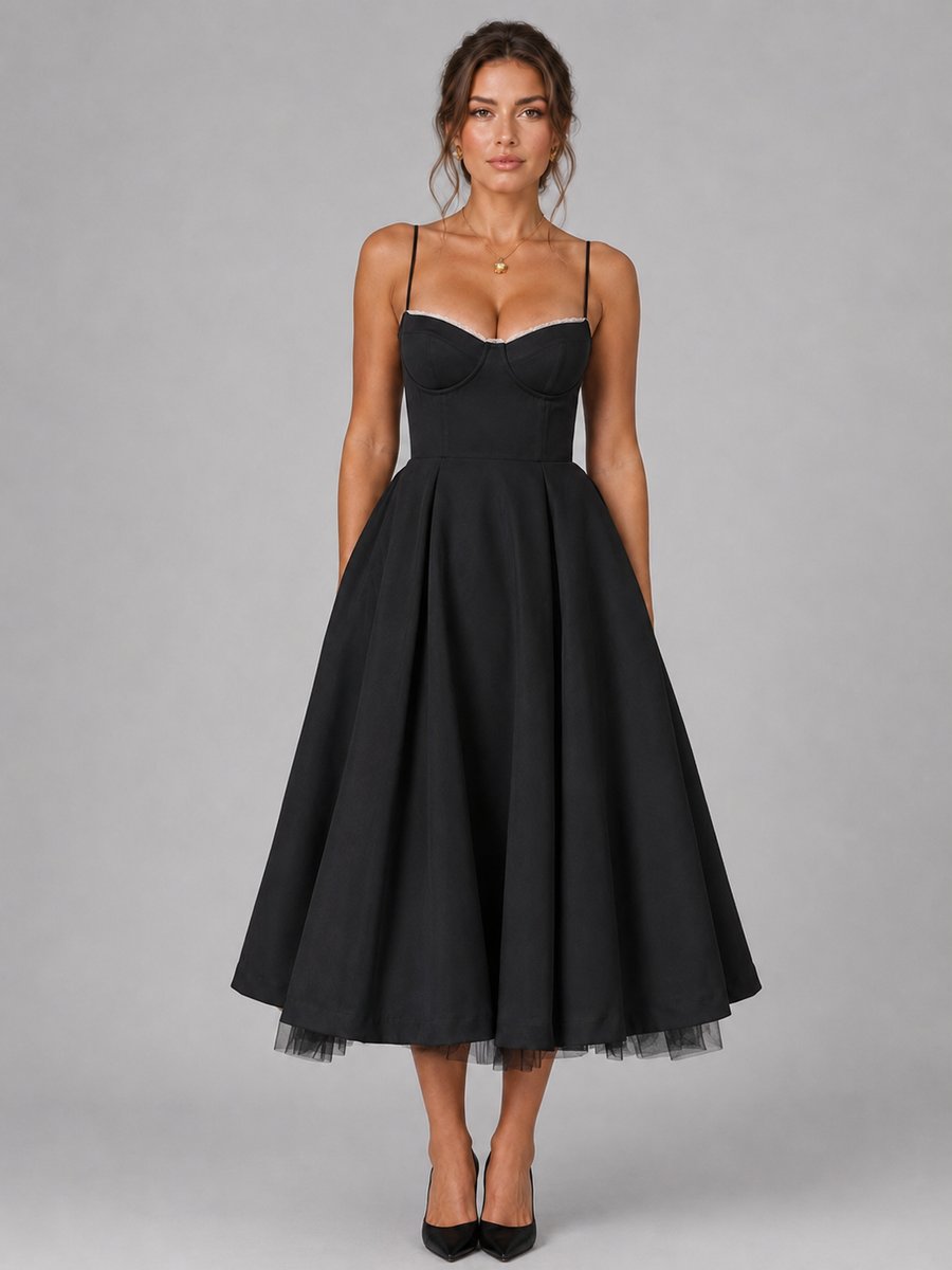 Women's Corset Sweetheart-Neck Full-Skirt Midi Dress - Black