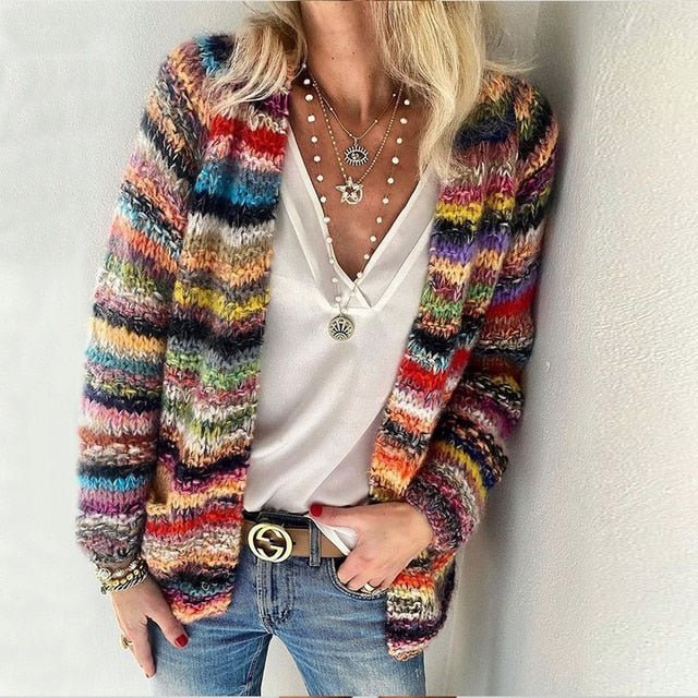 Women's Cosy Multicolour Long-Sleeve Open-Front Knitted Cardigan - Red