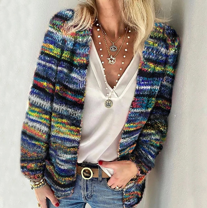 Women's Cosy Multicolour Long-Sleeve Open-Front Knitted Cardigan - Blue