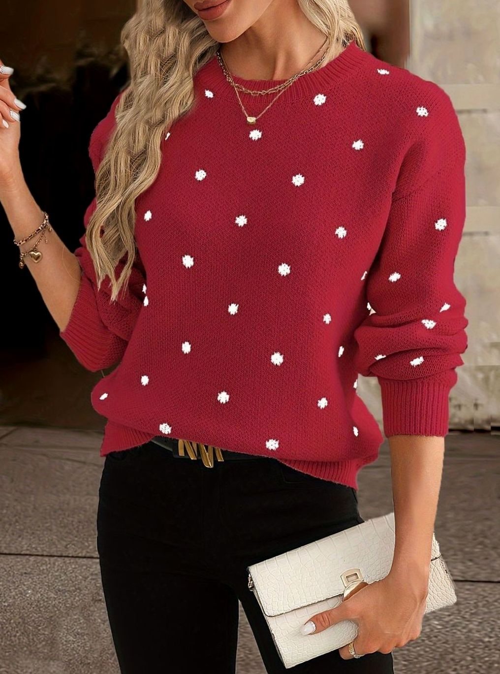 Women's Cosy Polka Dot Long Sleeve Knit Sweater - Red