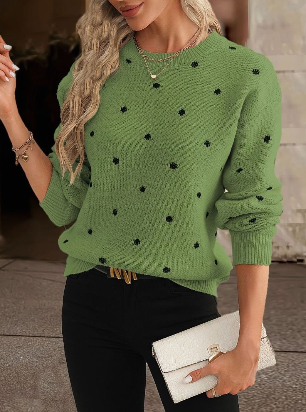 Women's Cosy Polka Dot Long Sleeve Knit Sweater - Green