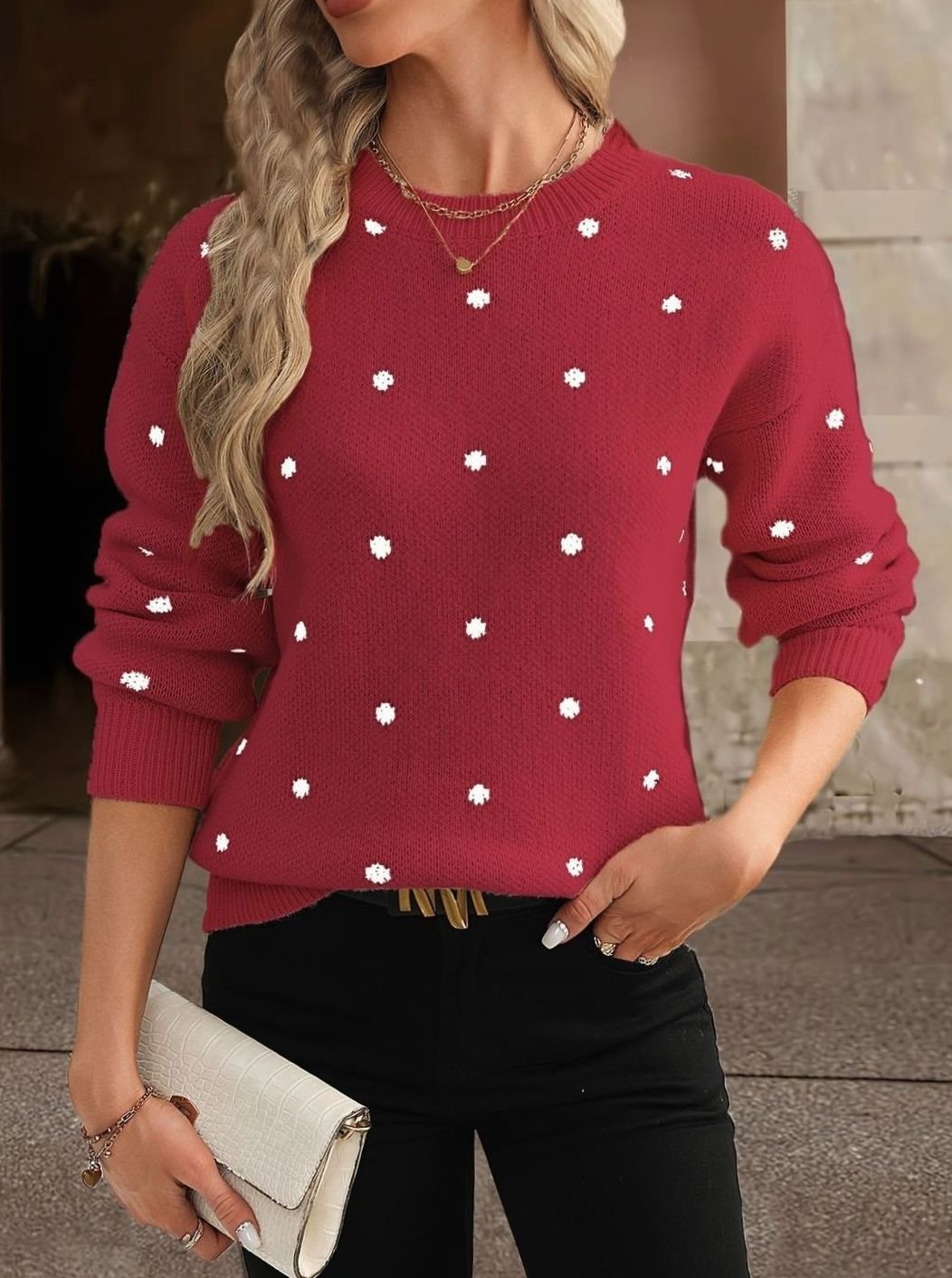 Women's Cosy Polka Dot Long Sleeve Knit Sweater