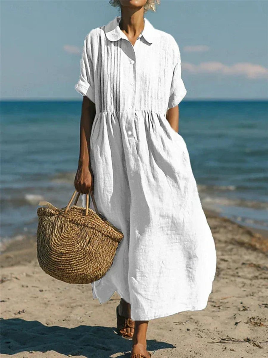 Women's Cotton Collared Button-Front Midi Shirt Dress - White