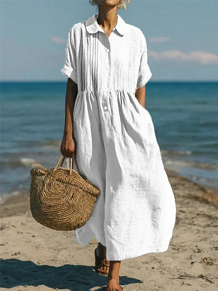 Women's Cotton Collared Button-Front Midi Shirt Dress - White