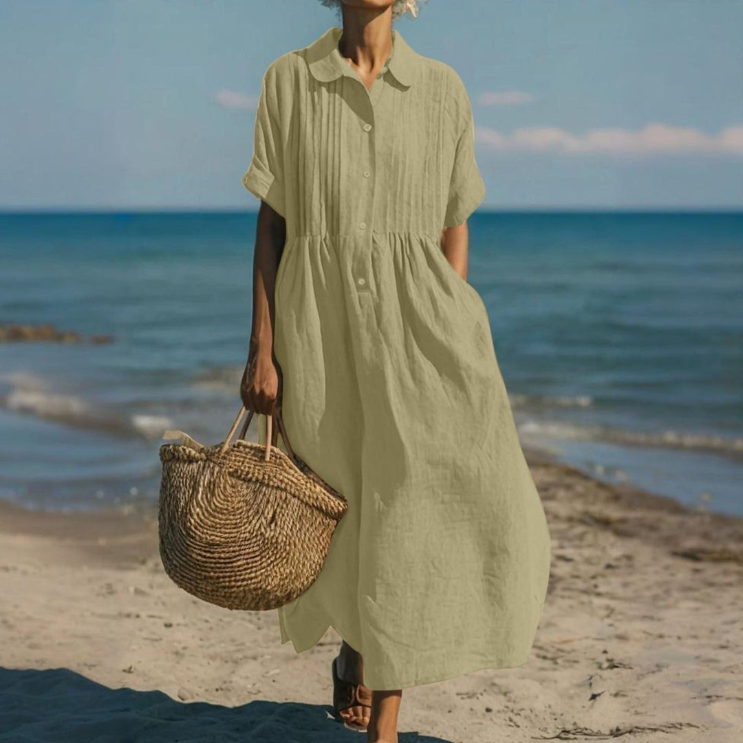 Women's Cotton Collared Button-Front Midi Shirt Dress - Sage Green