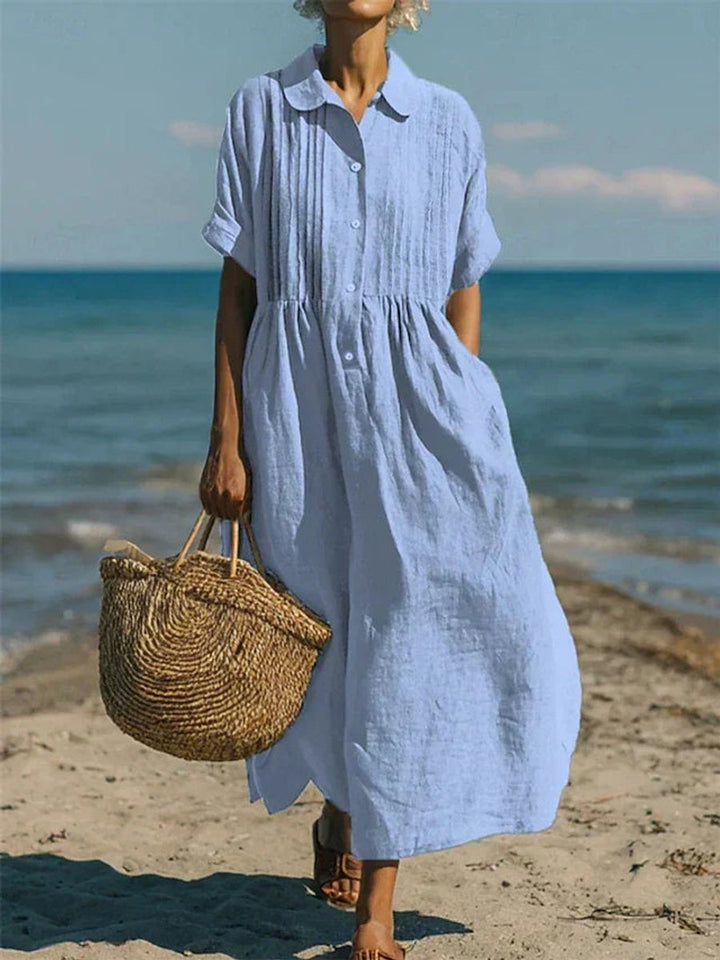 Women's Cotton Collared Button-Front Midi Shirt Dress - Light Blue