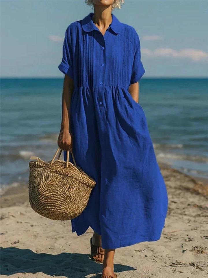 Women's Cotton Collared Button-Front Midi Shirt Dress - Blue