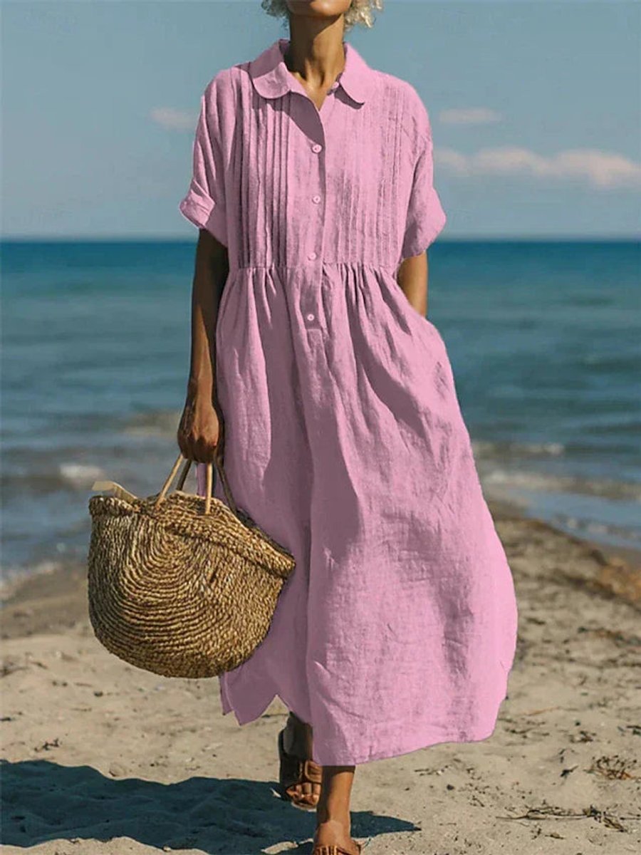 Women's Cotton Collared Button-Front Midi Shirt Dress - Pink