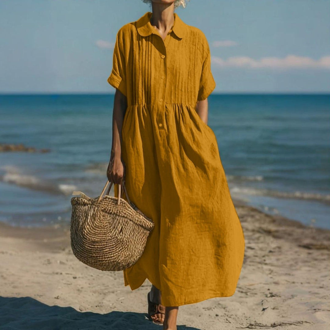 Women's Cotton Collared Button-Front Midi Shirt Dress - Orange