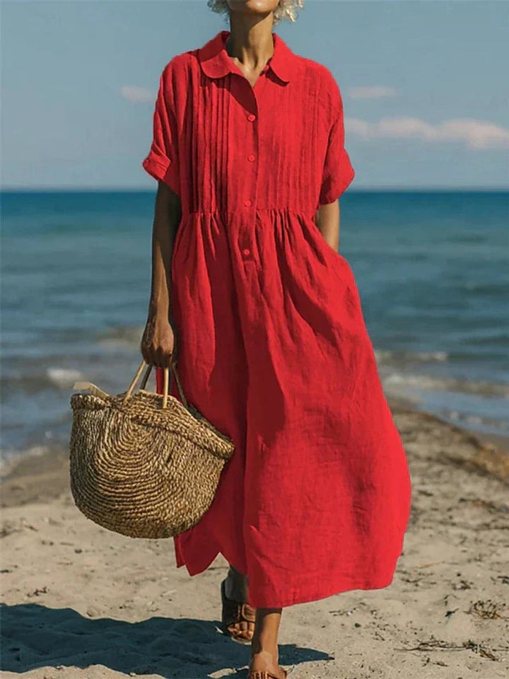 Women's Cotton Collared Button-Front Midi Shirt Dress - Red