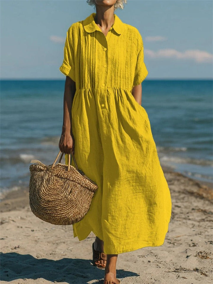 Women's Cotton Collared Button-Front Midi Shirt Dress - Yellow