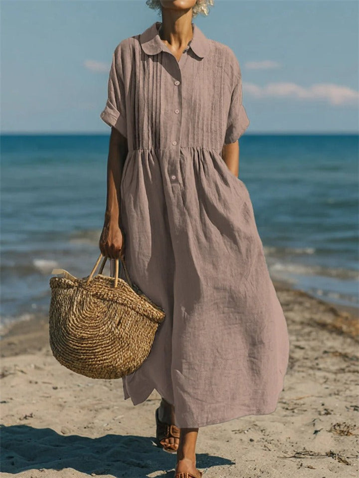 Women's Cotton Collared Button-Front Midi Shirt Dress - Dusty Rose