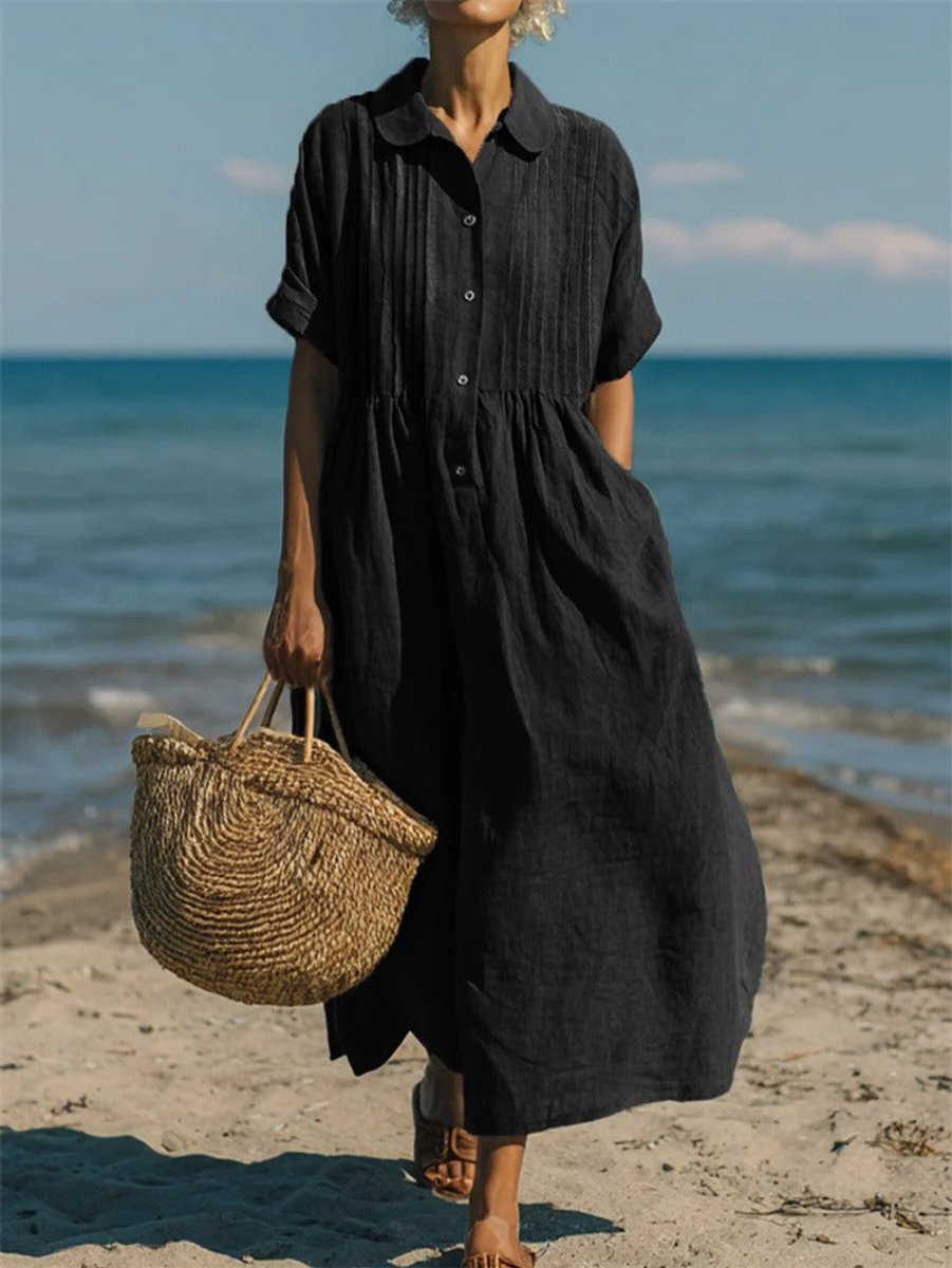 Women's Cotton Collared Button-Front Midi Shirt Dress - Black
