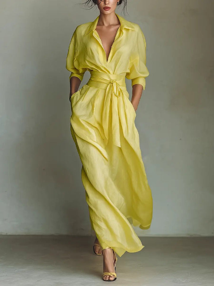 Women's Cotton Linen Deep V-Neck Wrap Maxi Shirt Dress - Yellow