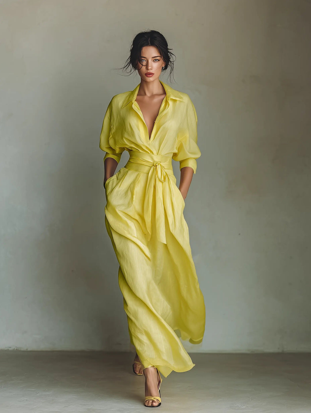 Women's Cotton Linen Deep V-Neck Wrap Maxi Shirt Dress