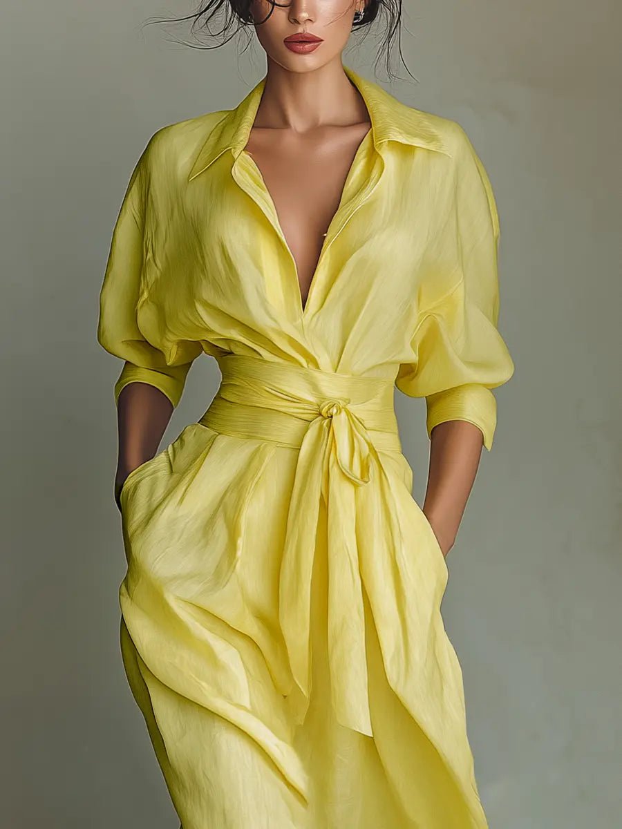 Women's Cotton Linen Deep V-Neck Wrap Maxi Shirt Dress