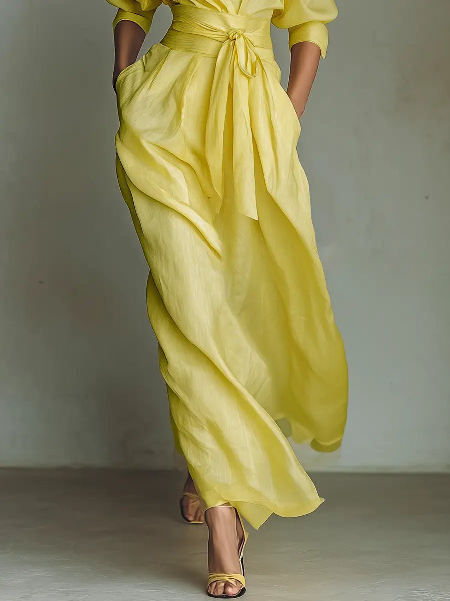 Women's Cotton Linen Deep V-Neck Wrap Maxi Shirt Dress