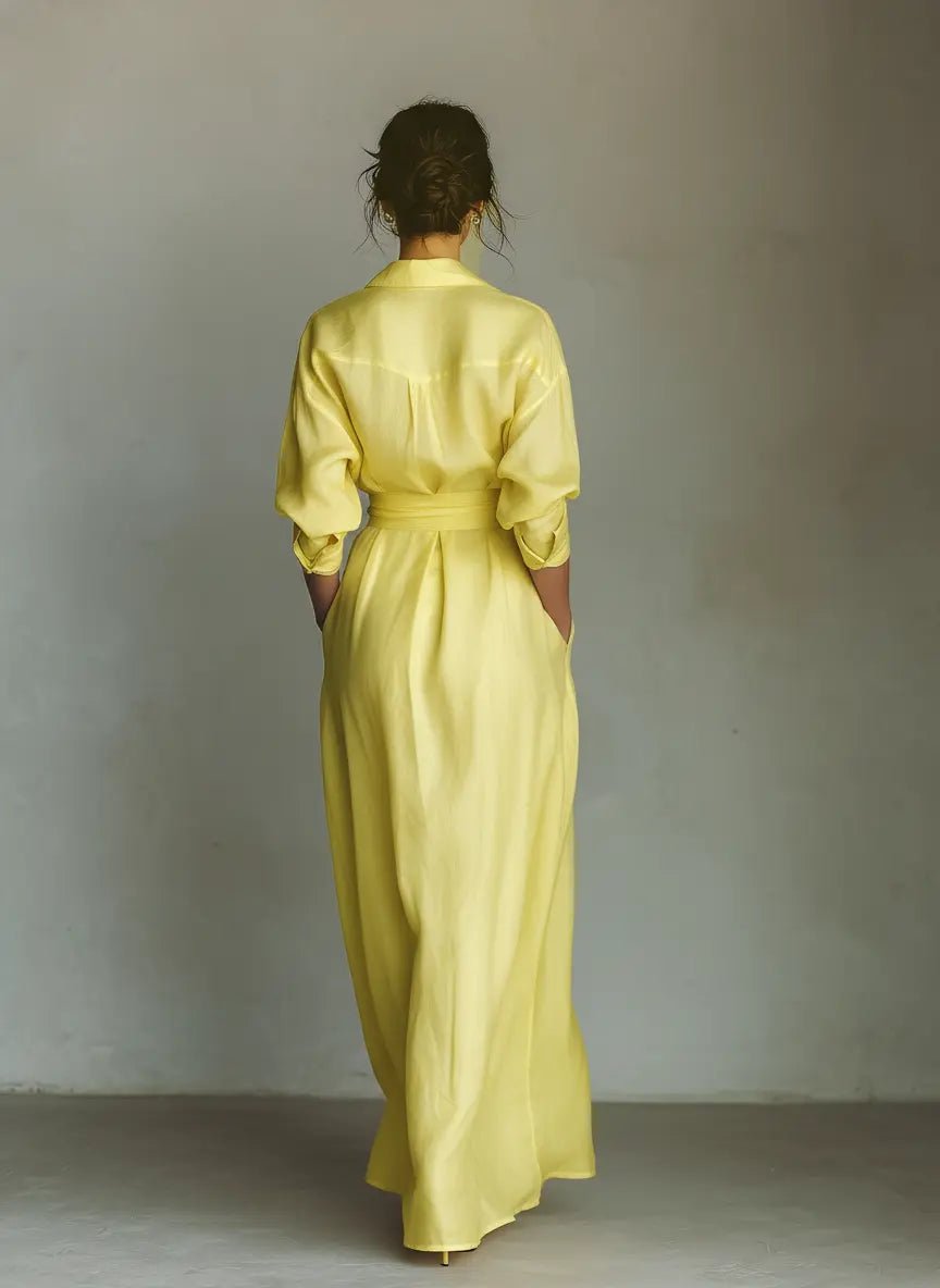 Women's Cotton Linen Deep V-Neck Wrap Maxi Shirt Dress
