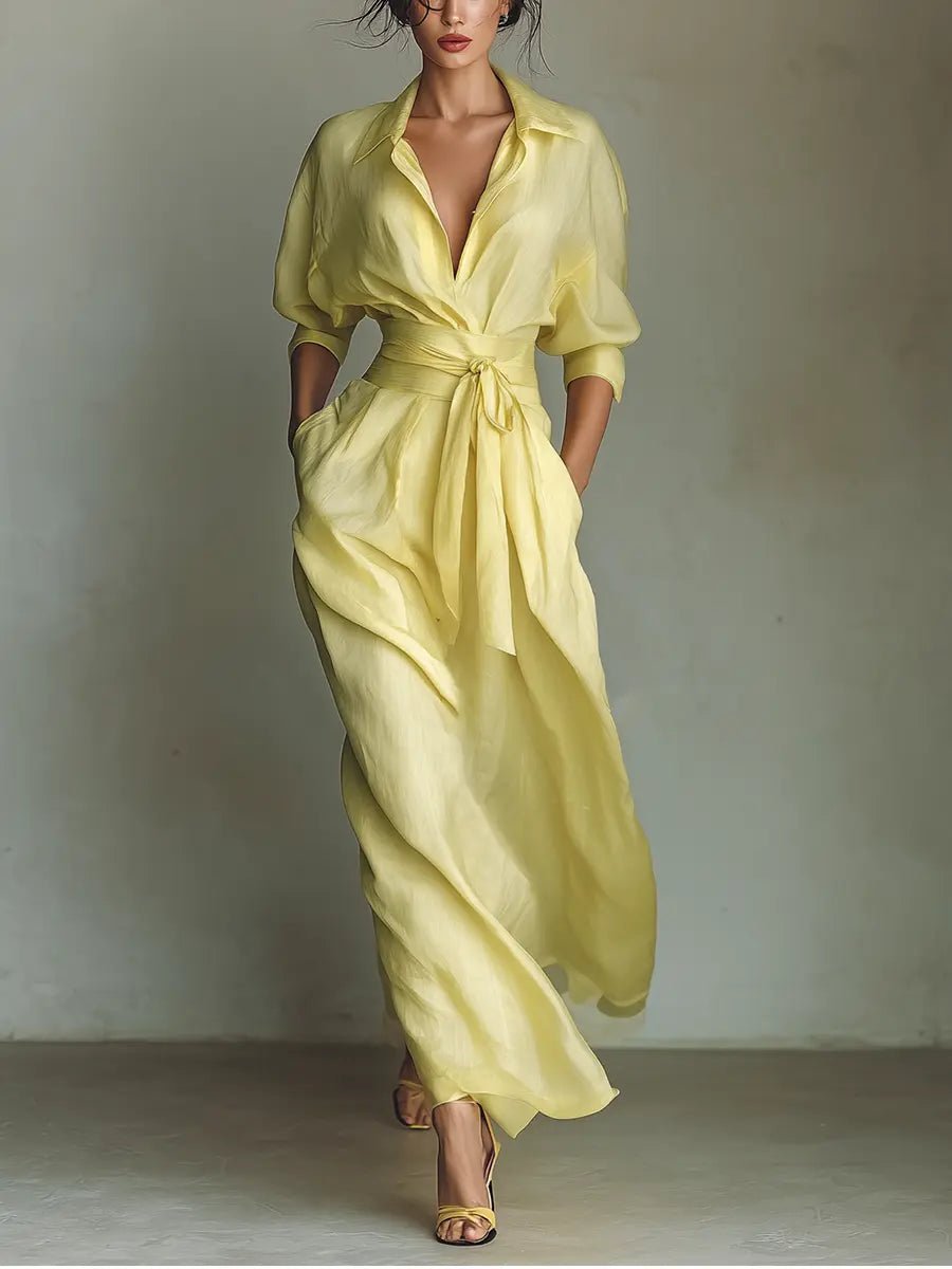 Women's Cotton Linen Deep V-Neck Wrap Maxi Shirt Dress