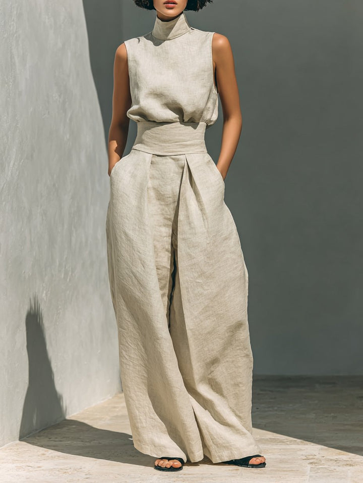 Women's Cotton Linen High-Neck Sleeveless Wide-Leg Two-Piece Set - Khaki