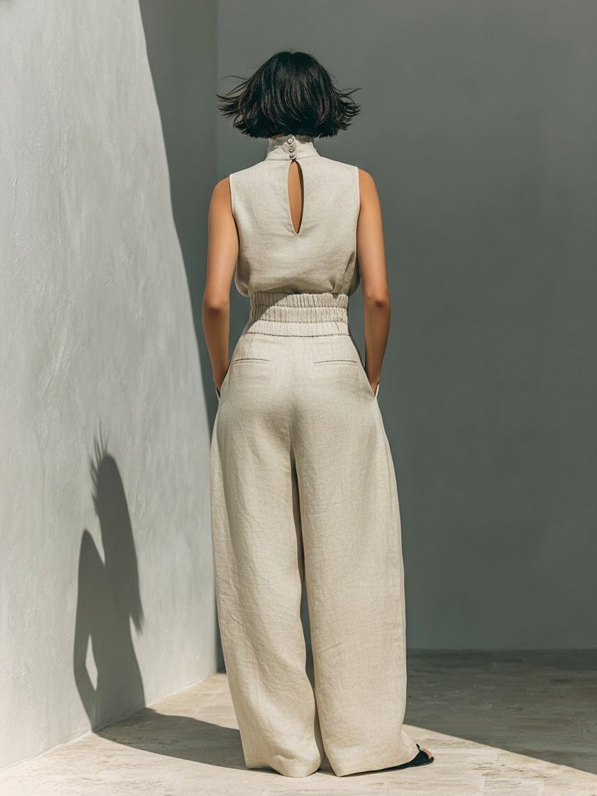 Women's Cotton Linen High-Neck Sleeveless Wide-Leg Two-Piece Set