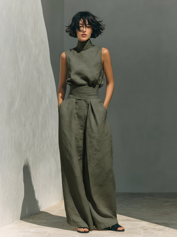 Women's Cotton Linen High-Neck Sleeveless Wide-Leg Two-Piece Set - Army Green
