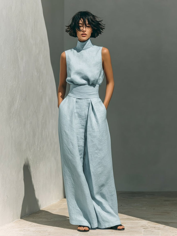 Women's Cotton Linen High-Neck Sleeveless Wide-Leg Two-Piece Set - Light Blue