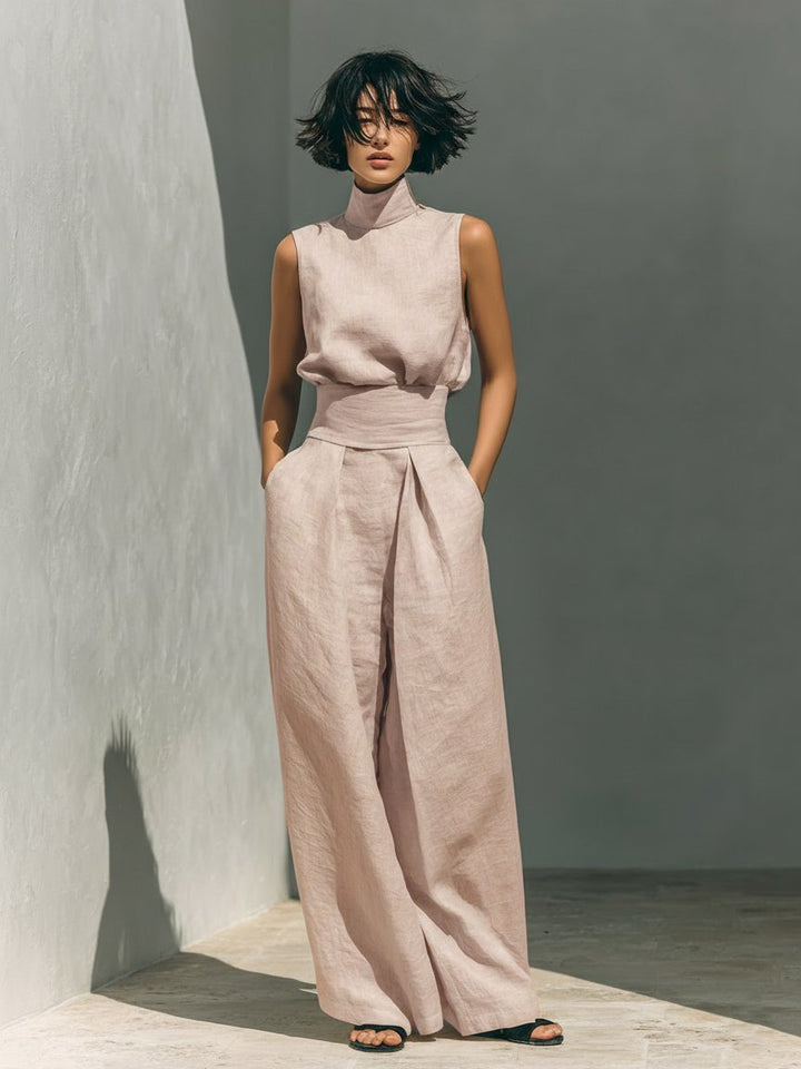 Women's Cotton Linen High-Neck Sleeveless Wide-Leg Two-Piece Set - Light Pink