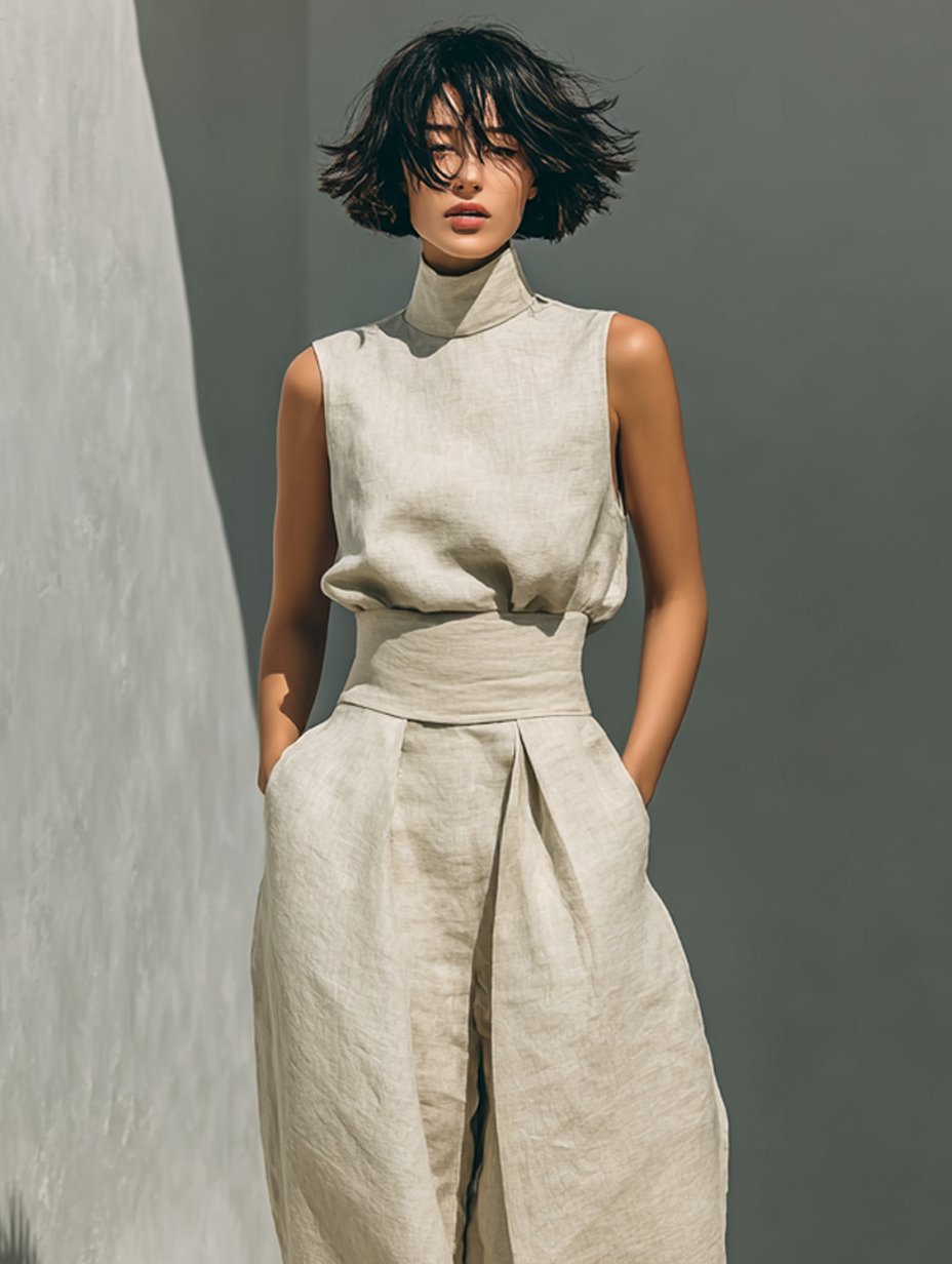 Women's Cotton Linen High-Neck Sleeveless Wide-Leg Two-Piece Set