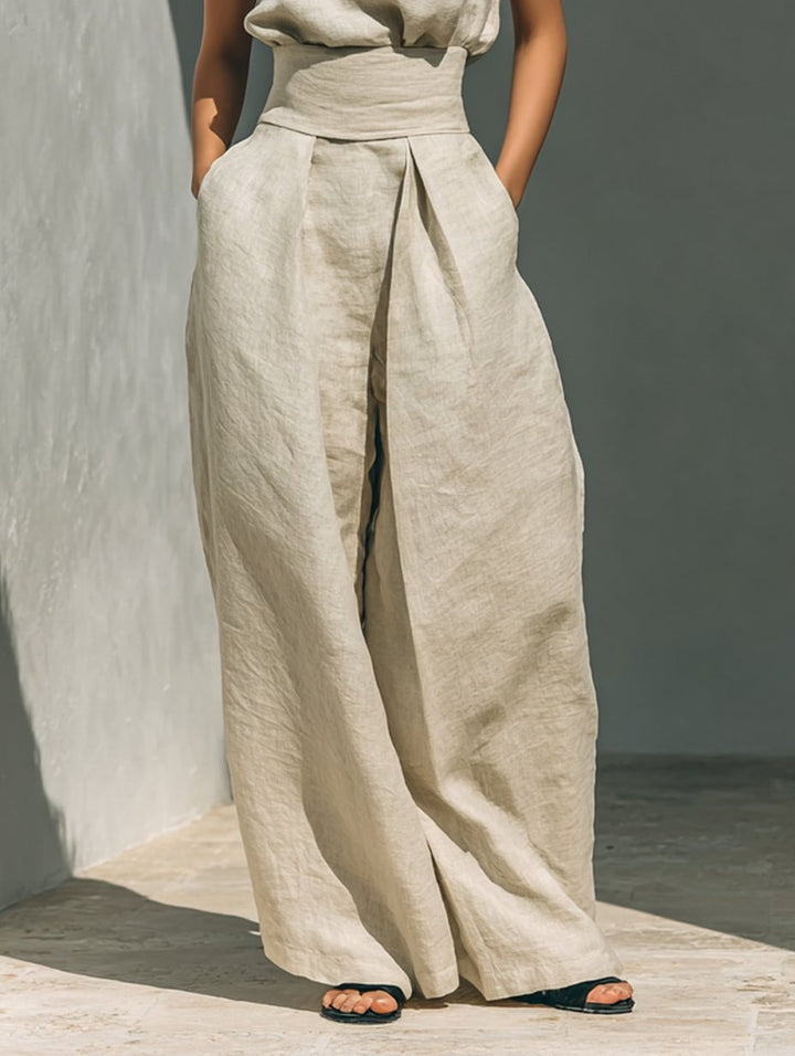 Women's Cotton Linen High-Neck Sleeveless Wide-Leg Two-Piece Set