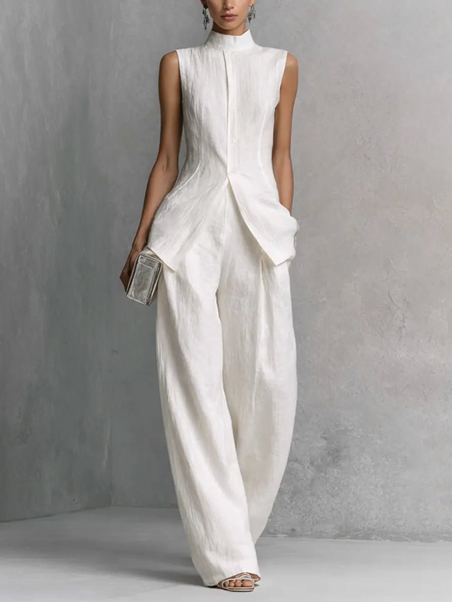 Women's Cotton-Linen Stand-Collar Wide-Leg Two-Piece Set - White