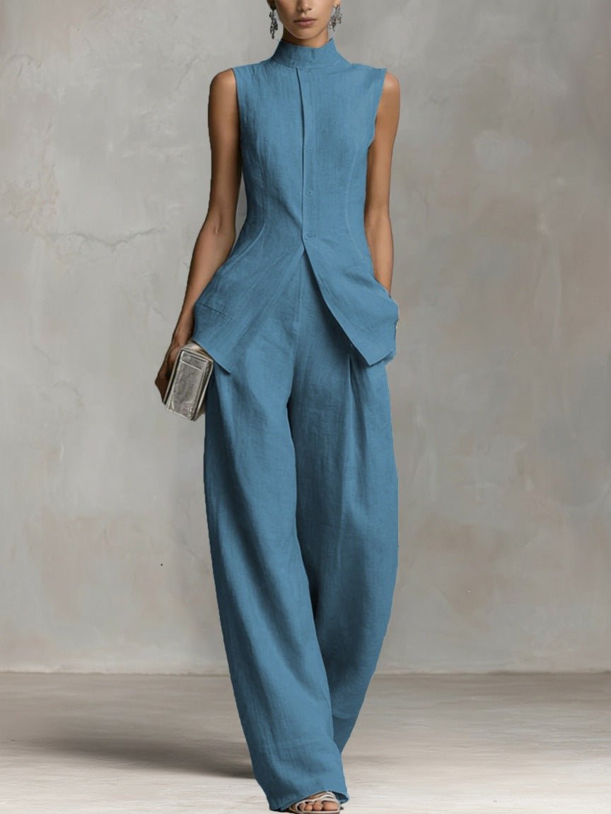 Women's Cotton-Linen Stand-Collar Wide-Leg Two-Piece Set - Lake Blue