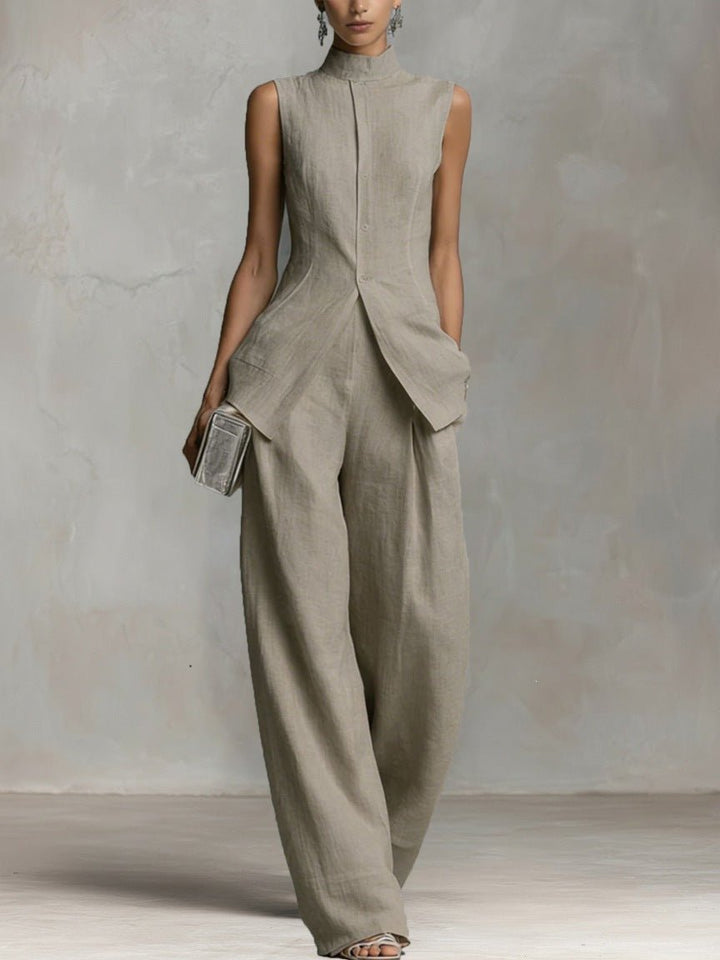 Women's Cotton-Linen Stand-Collar Wide-Leg Two-Piece Set - Grey