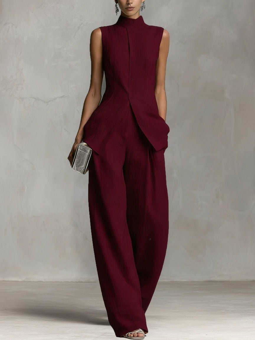 Women's Cotton-Linen Stand-Collar Wide-Leg Two-Piece Set - Burgundy