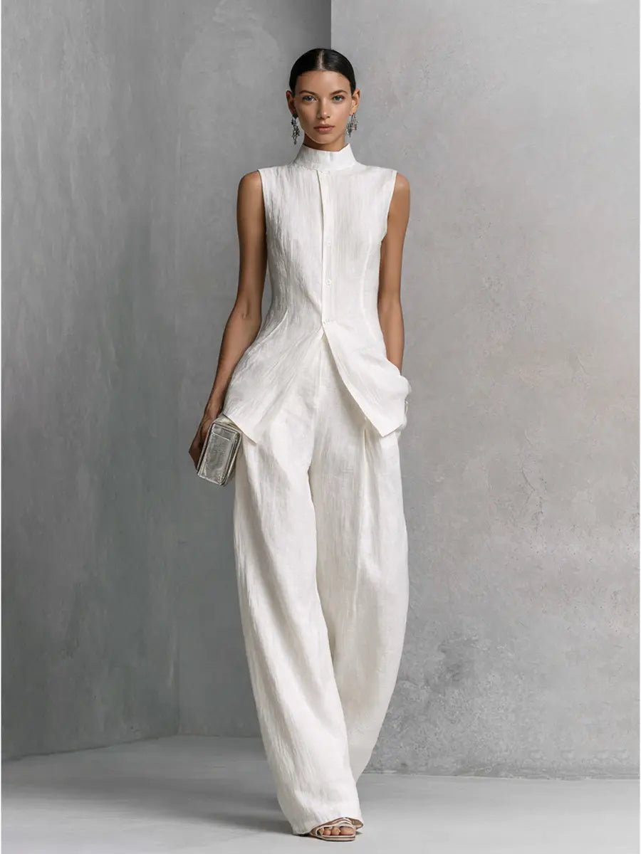 Women's Cotton-Linen Stand-Collar Wide-Leg Two-Piece Set