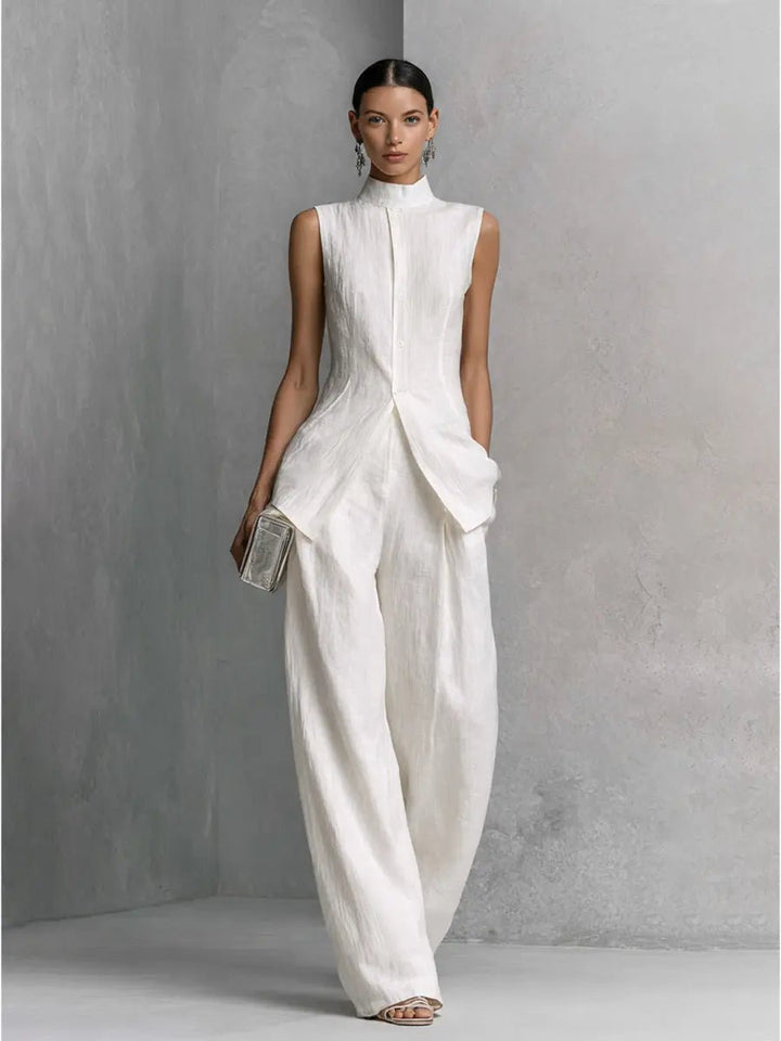Women's Cotton-Linen Stand-Collar Wide-Leg Two-Piece Set