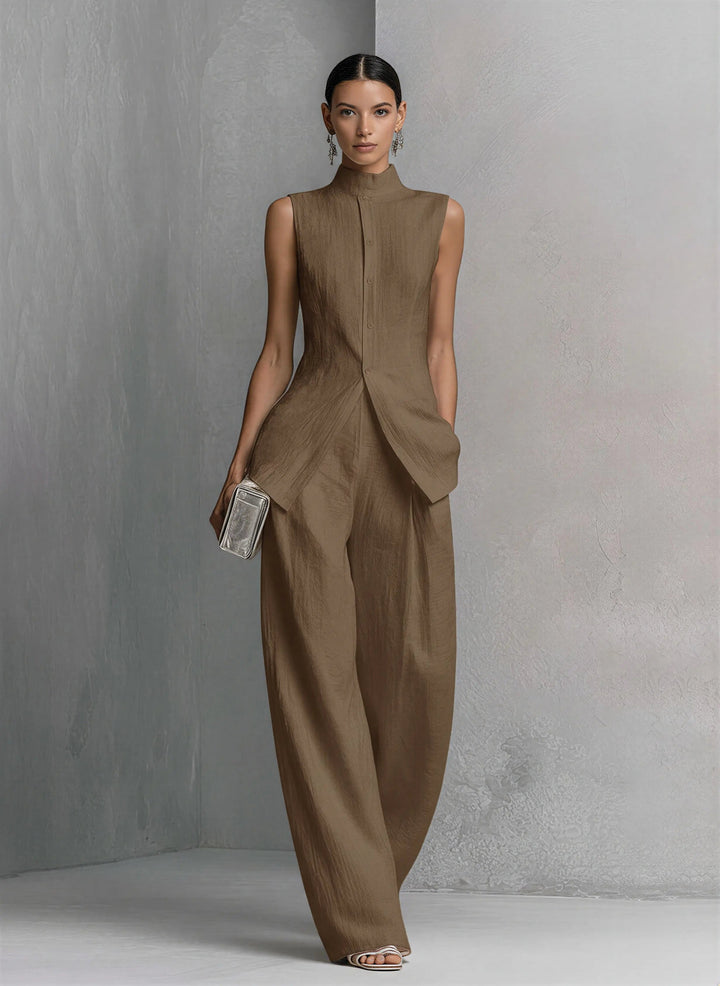 Women's Cotton-Linen Stand-Collar Wide-Leg Two-Piece Set - Khaki