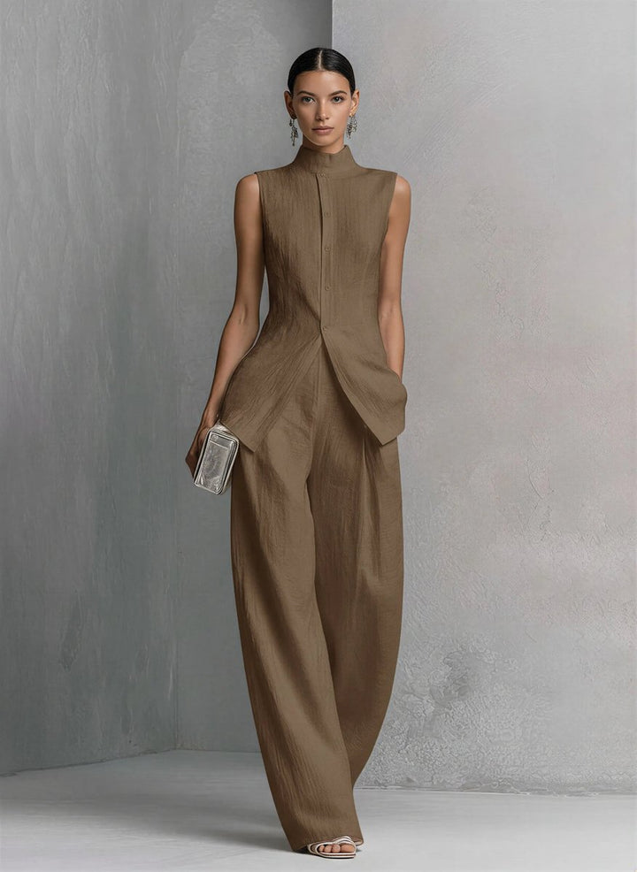 Women's Cotton-Linen Stand-Collar Wide-Leg Two-Piece Set - Khaki