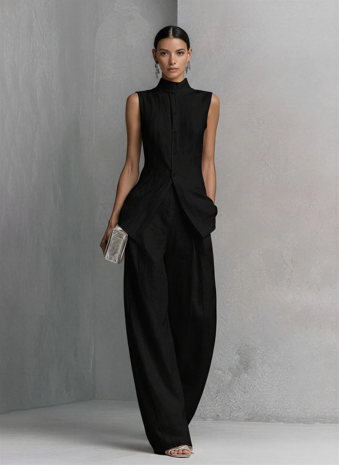 Women's Cotton-Linen Stand-Collar Wide-Leg Two-Piece Set - Black