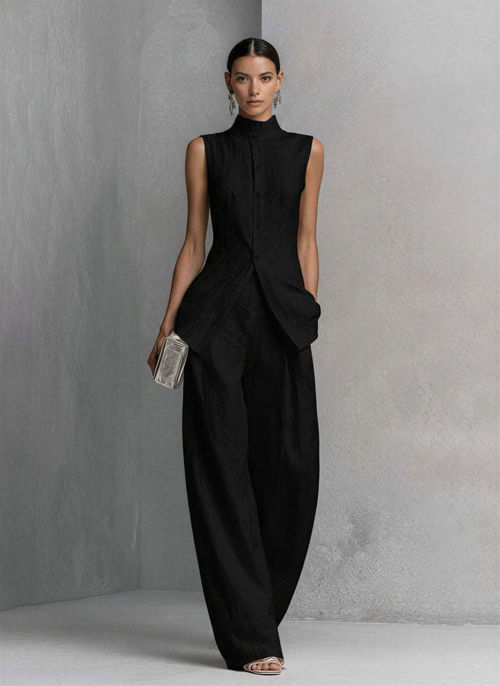 Women's Cotton-Linen Stand-Collar Wide-Leg Two-Piece Set - Black