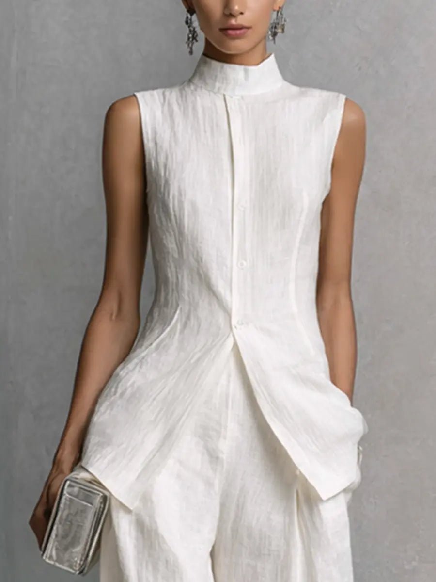 Women's Cotton-Linen Stand-Collar Wide-Leg Two-Piece Set