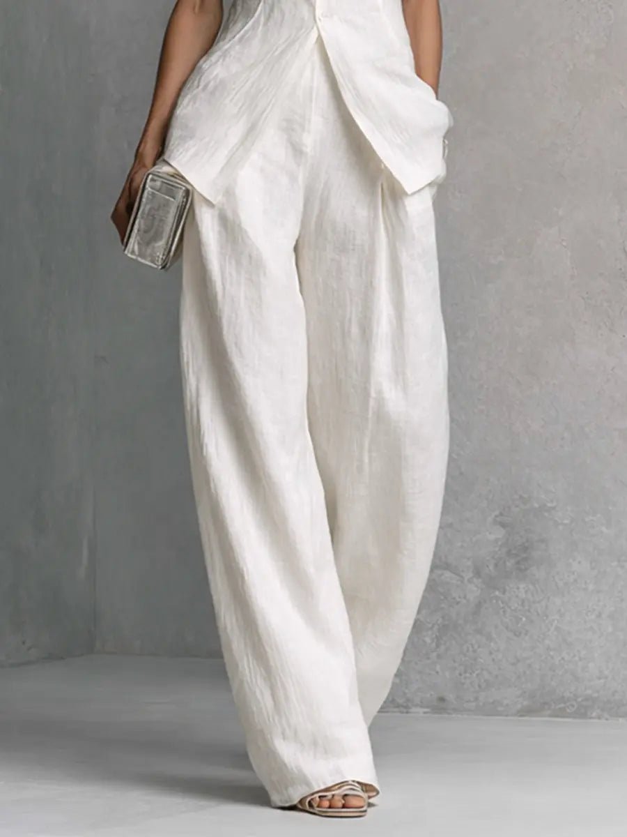 Women's Cotton-Linen Stand-Collar Wide-Leg Two-Piece Set
